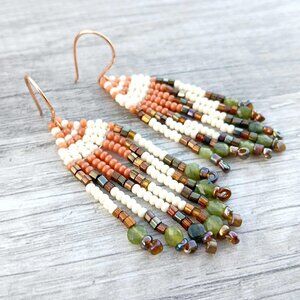 Jade Beaded Fringe Dangle Earrings, Earthy Tones, 2.75"